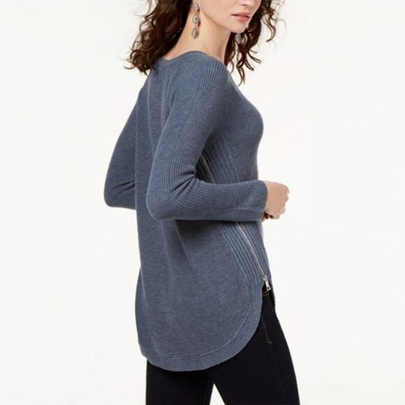 INC Rib Zipper Detail Mini Waffle Crew Neck Wool Blend Sweater Blue Women Size S - Picture 4 of 7